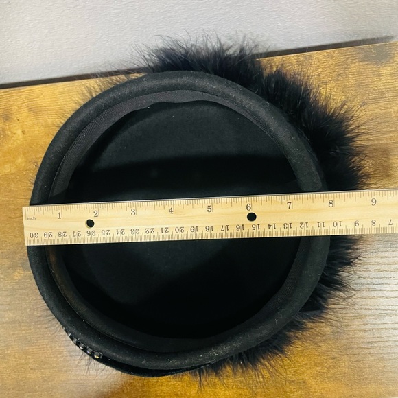 Elegant Black Wool Pill Box Church Hat Feather-Trimmed  with Rhinestone Detail